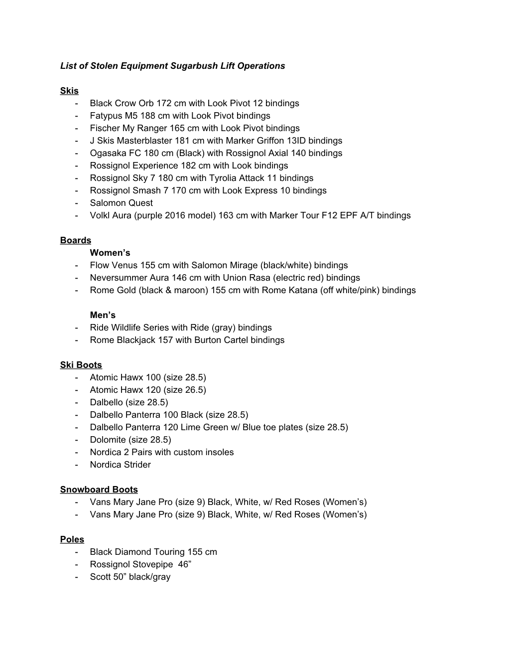 List of Stolen Equipment Sugarbush Lift Operations Skis