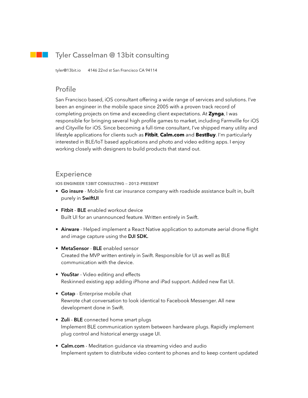 Profile Experience Tyler Casselman @ 13Bit Consulting