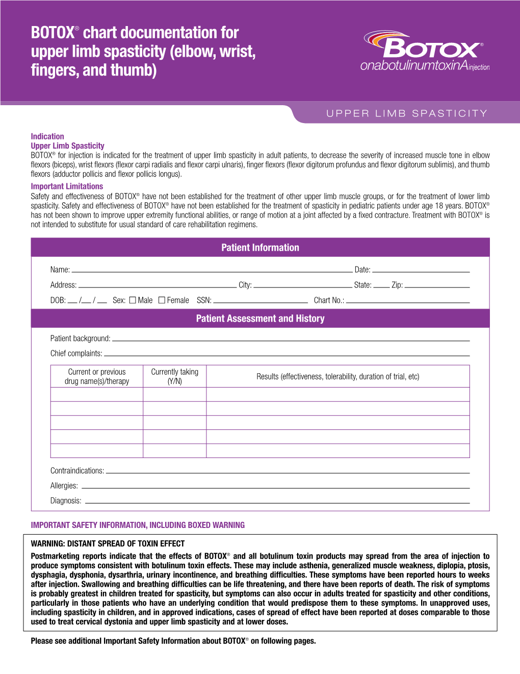 BOTOX® Chart Documentation for Upper Limb Spasticity (Elbow, Wrist, Fingers, and Thumb)