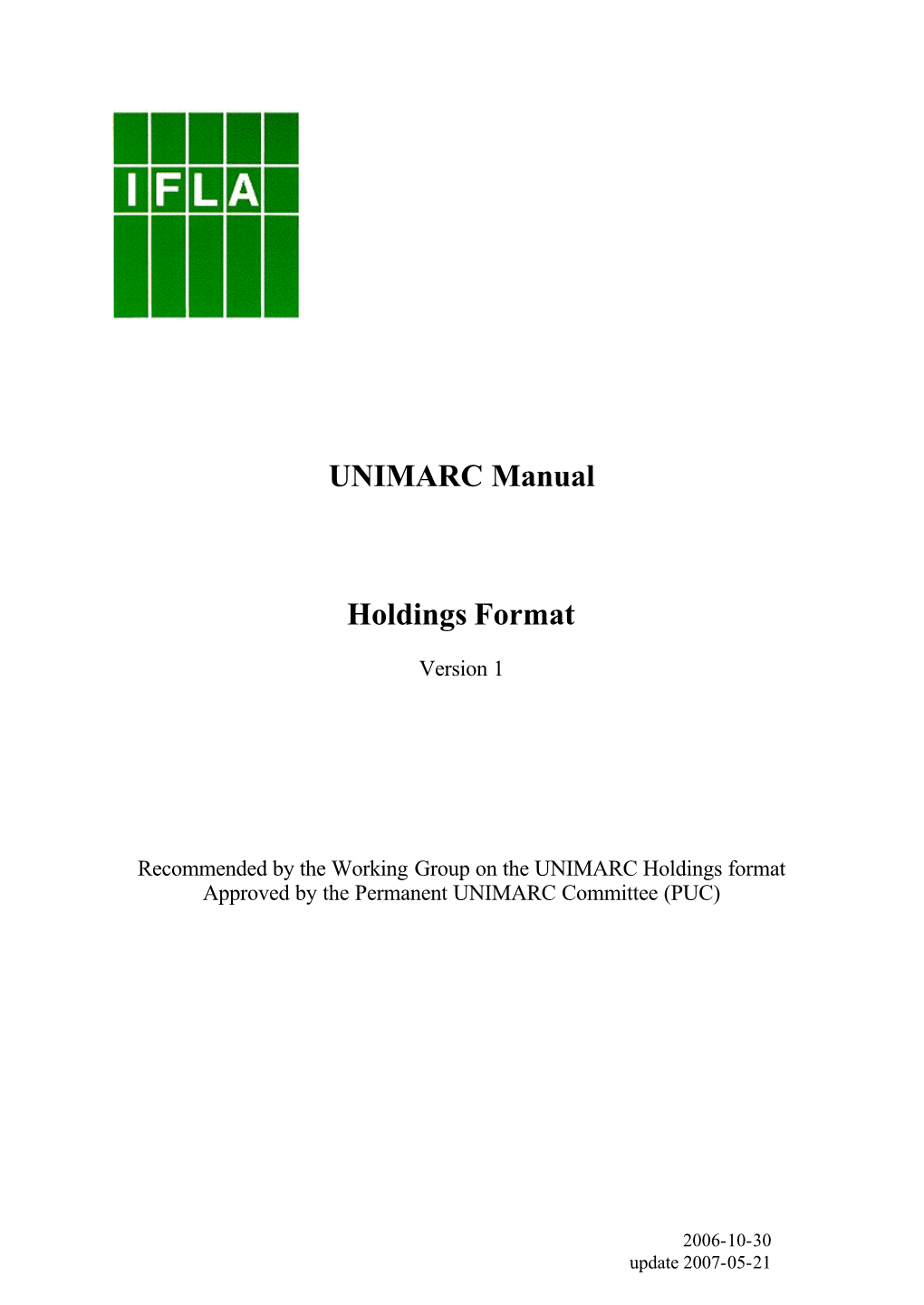 UNIMARC Manual Holdings Format