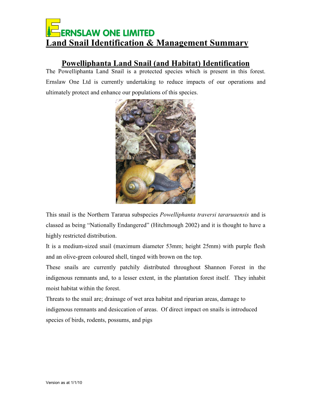 Species Management Plan for Land Snail Populations (Powelliphanta Traversi Tararuaensis) Within Ernslaw One Limited's Shannon