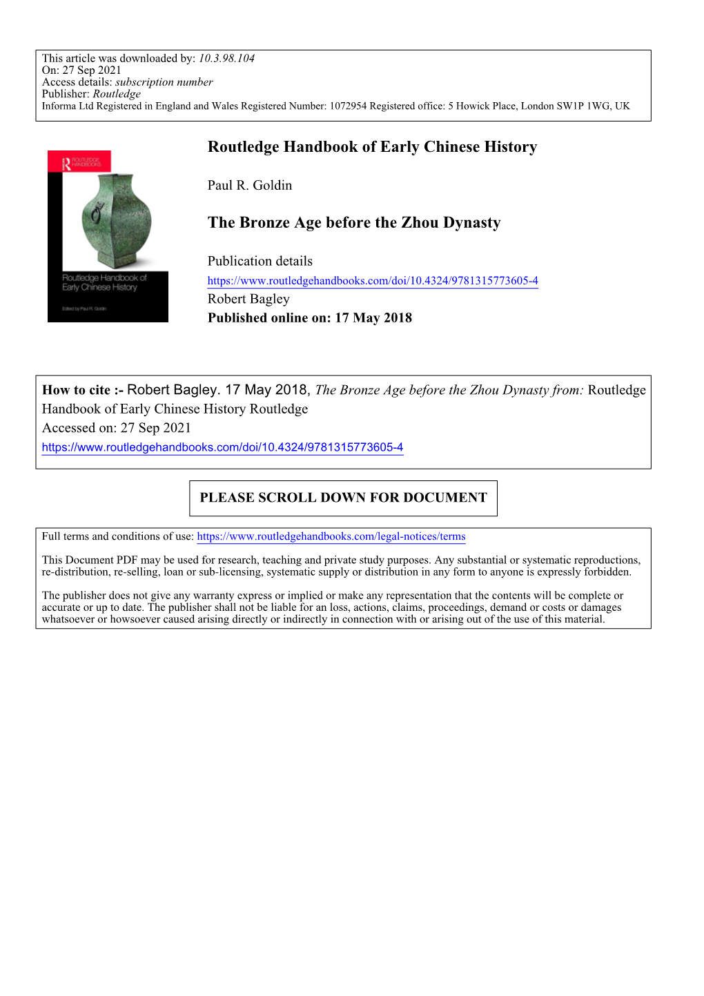 Routledge Handbook of Early Chinese History the Bronze Age