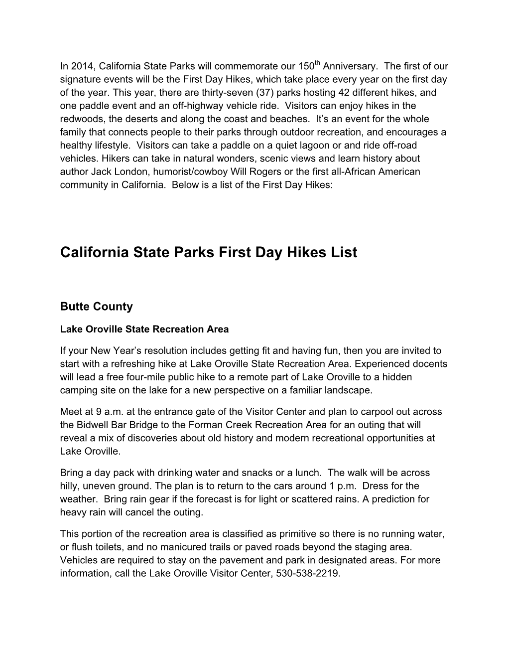 California State Parks First Day Hikes List