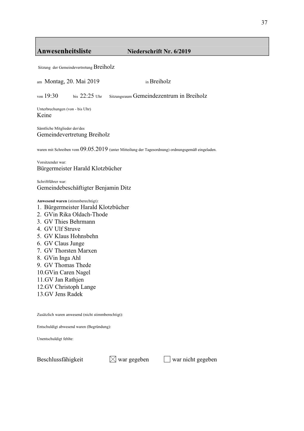 Anwesenheitsliste Niederschrift Nr