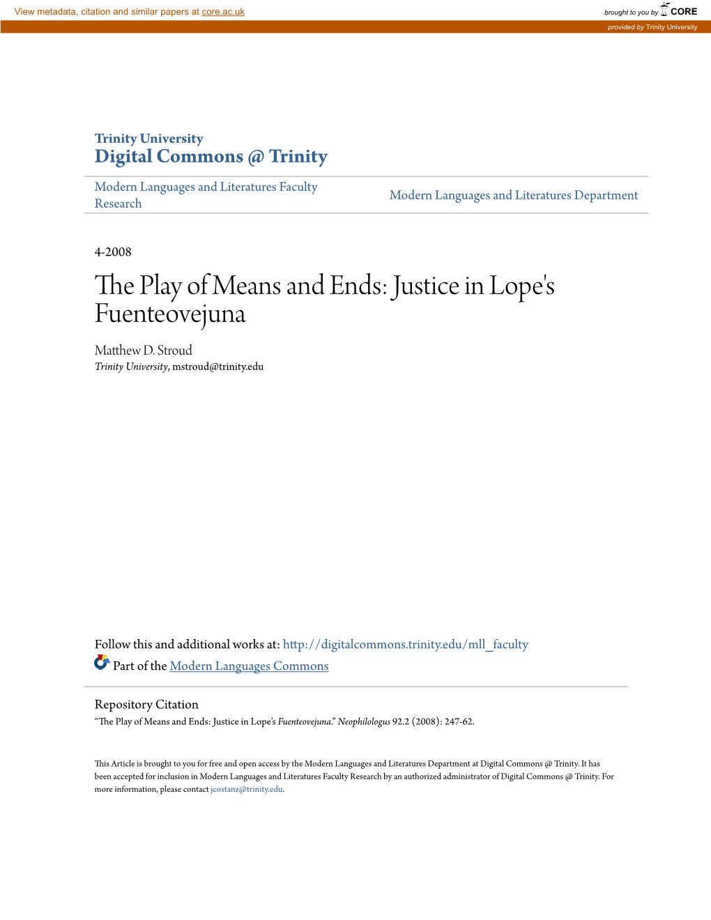 The Play of Means and Ends: Justice in Lope's Fuenteovejuna