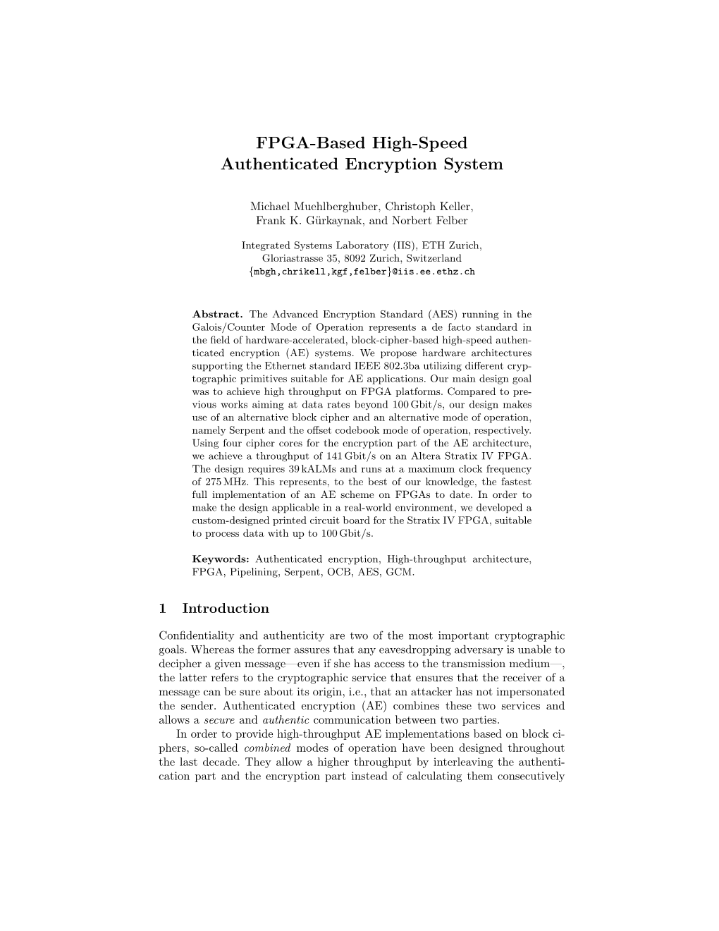 FPGA-Based High-Speed Authenticated Encryption System