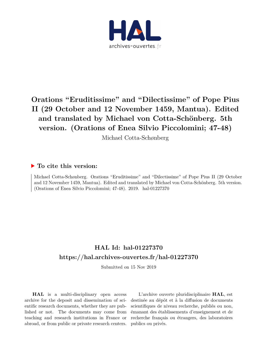 Orations ``Eruditissime'' and ``Dilectissime'' of Pope Pius II (29