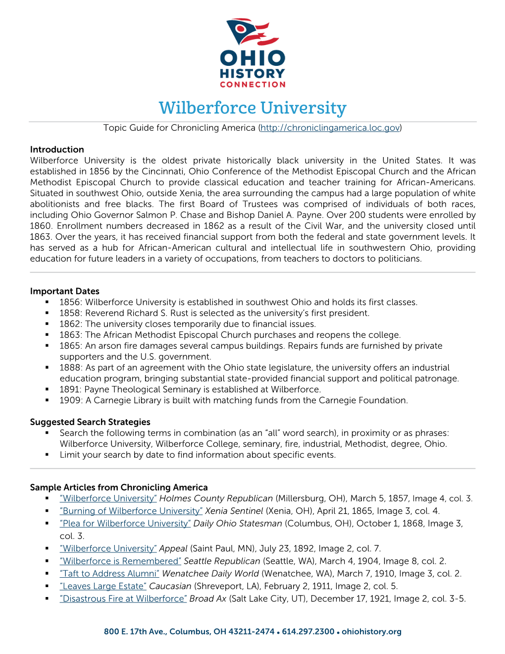 Wilberforce University Topic Guide for Chronicling America (