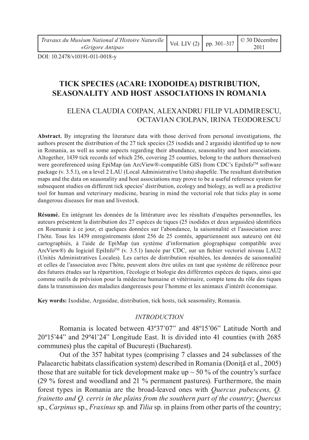 Tick Species (Acari: Ixodoidea) Distribution, Seasonality and Host Associations in Romania