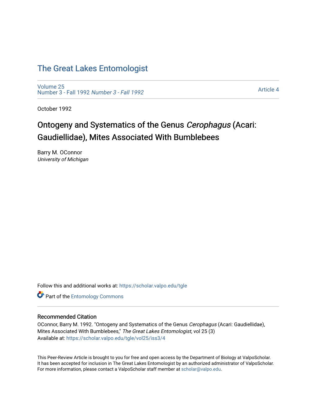 Ontogeny and Systematics of the Genus Cerophagus (Acari: Gaudiellidae), Mites Associated with Bumblebees