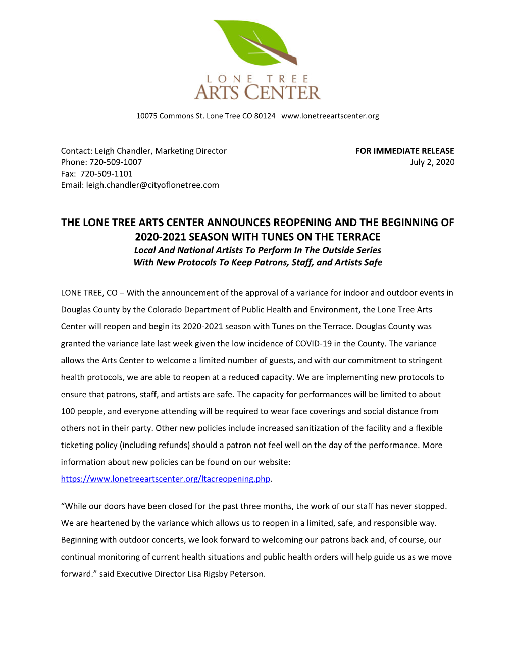 The Lone Tree Arts Center Announces Reopening and the Beginning Of