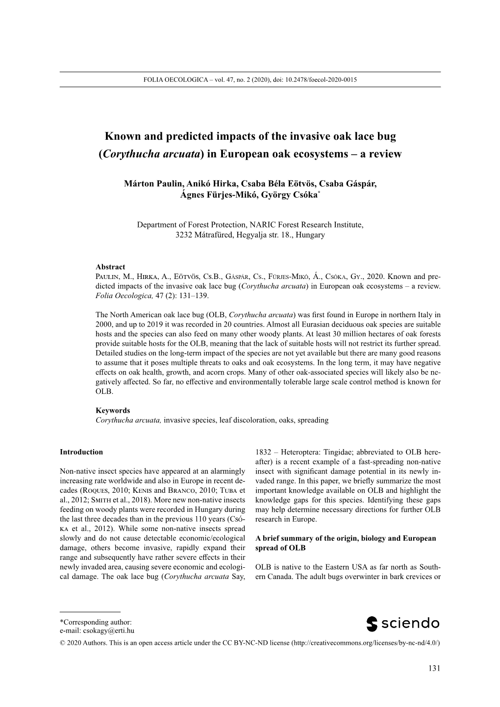 Known and Predicted Impacts of the Invasive Oak Lace Bug (Corythucha Arcuata) in European Oak Ecosystems – a Review