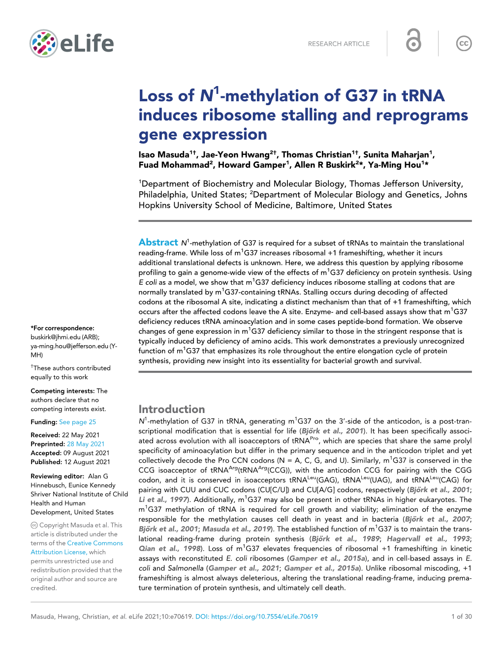 Loss of N -Methylation of G37 in Trna Induces Ribosome Stalling