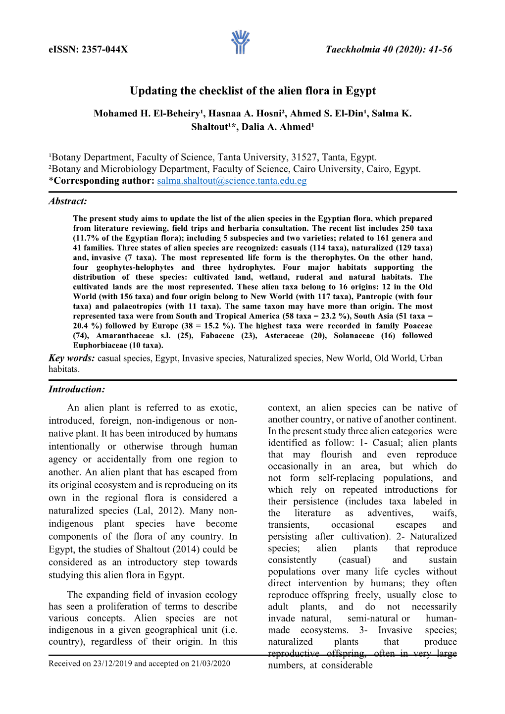 Updating the Checklist of the Alien Flora in Egypt