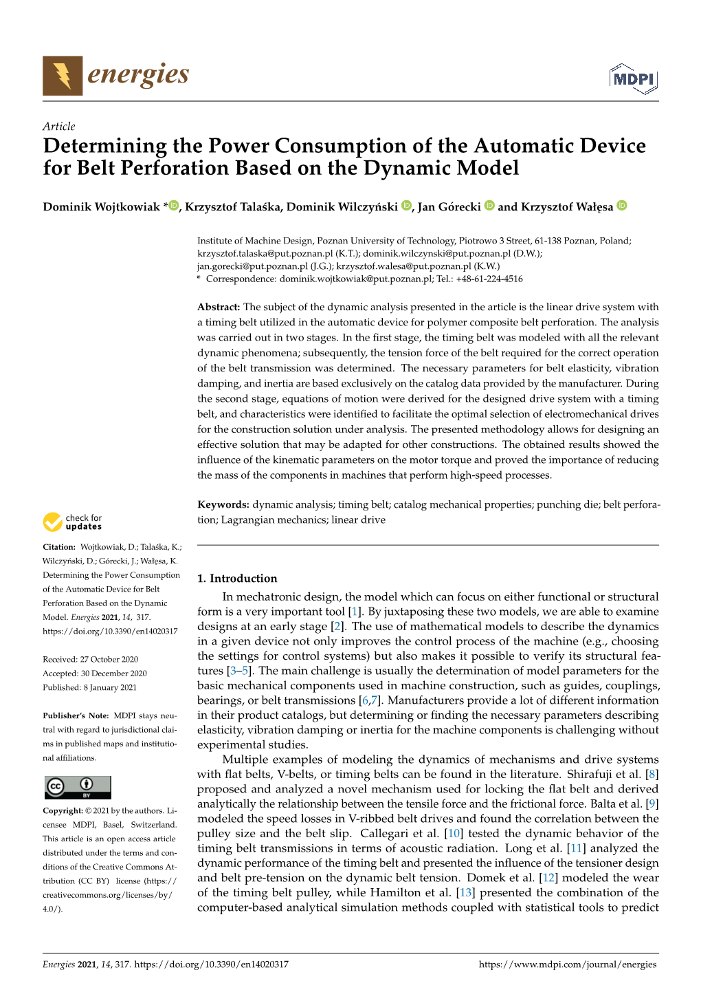 Determining the Power Consumption of the Automatic Device for Belt Perforation Based on the Dynamic Model