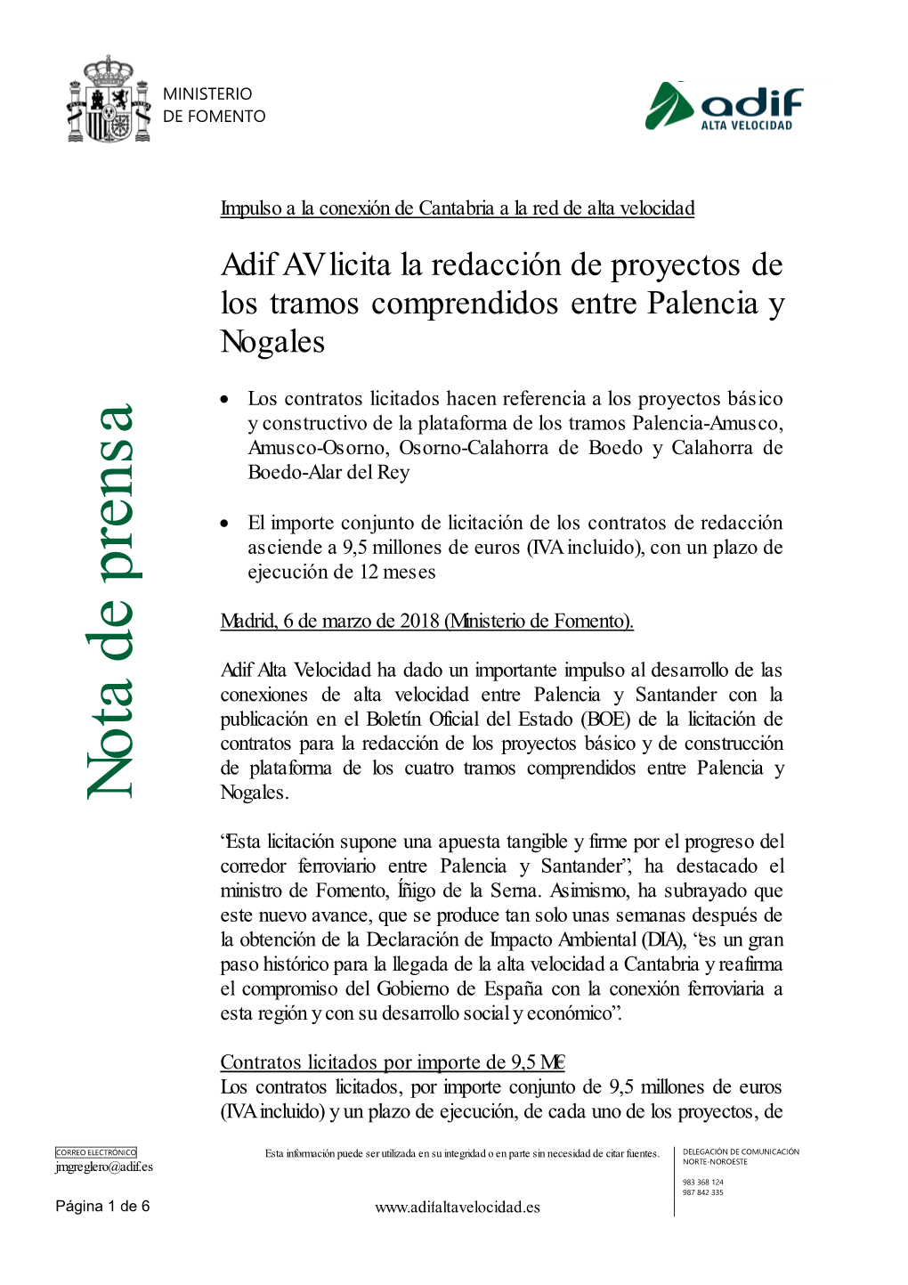 Adif AV Licita La Redacción De Proyectos De Los Tramos Comprendidos Entre Palencia Y Nogales