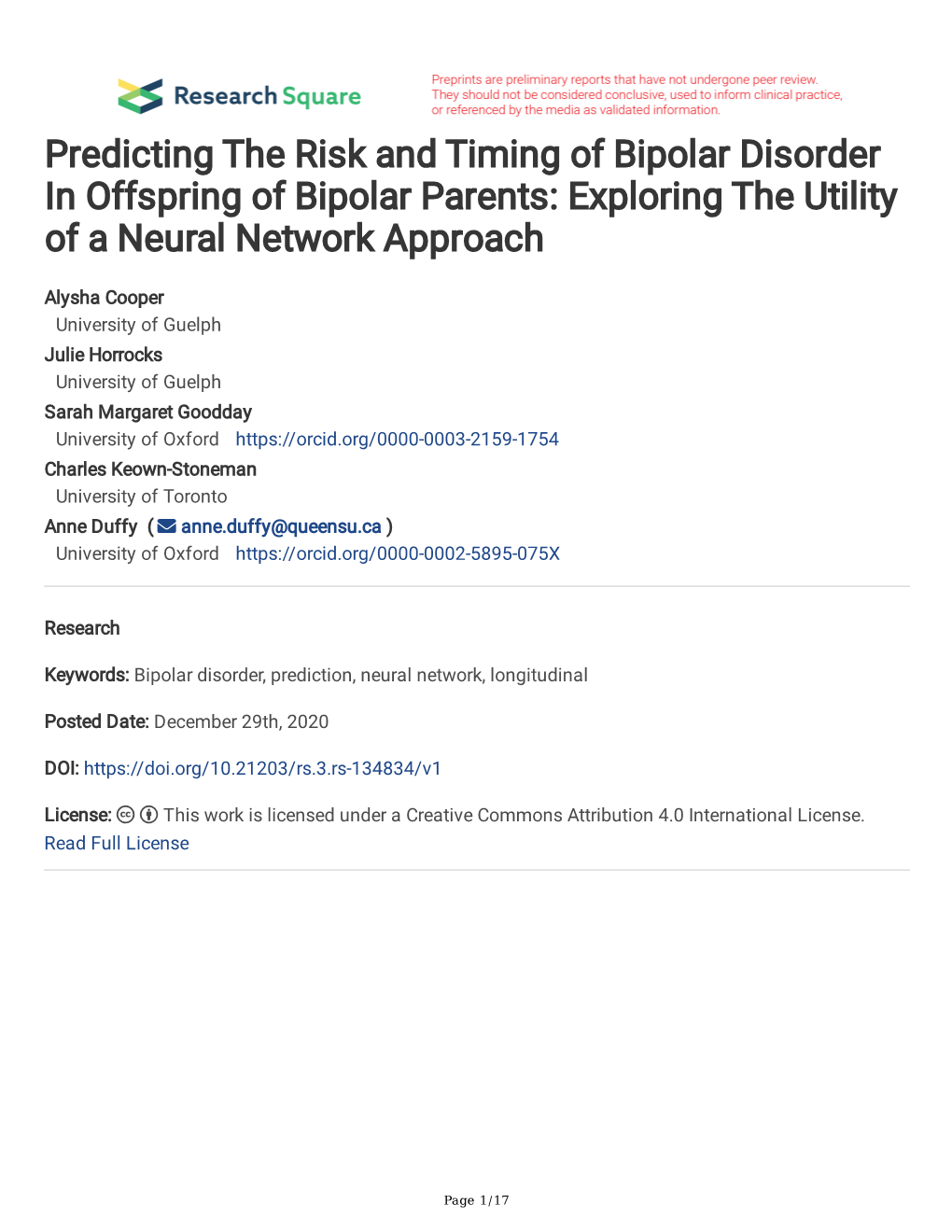 Predicting the Risk and Timing of Bipolar Disorder in Offspring of Bipolar Parents: Exploring the Utility of a Neural Network Approach