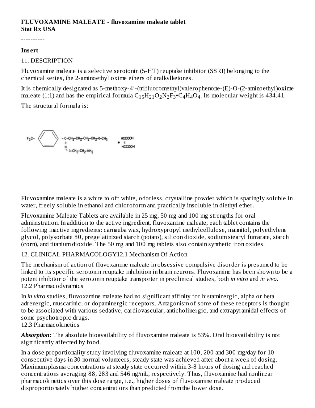 FLUVOXAMINE MALEATE - Fluvoxamine Maleate Tablet Stat Rx USA ------Insert 11