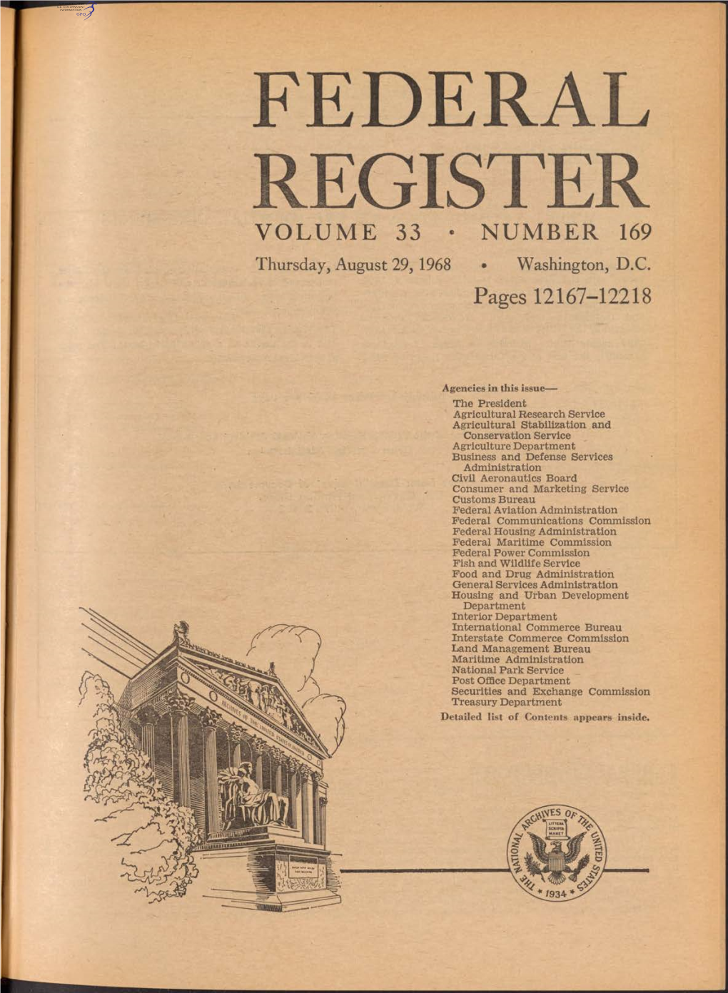 FEDERAL REGISTER VOLUME 33 • NUMBER 169 Thursday, August 29, 1968 • Washington, D.C