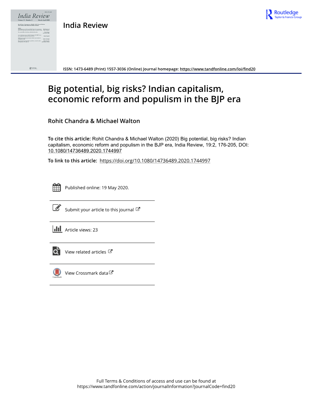 Indian Capitalism, Economic Reform and Populism in the BJP Era