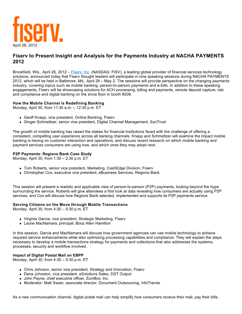 Fiserv to Present Insight and Analysis for the Payments Industry at NACHA PAYMENTS 2012