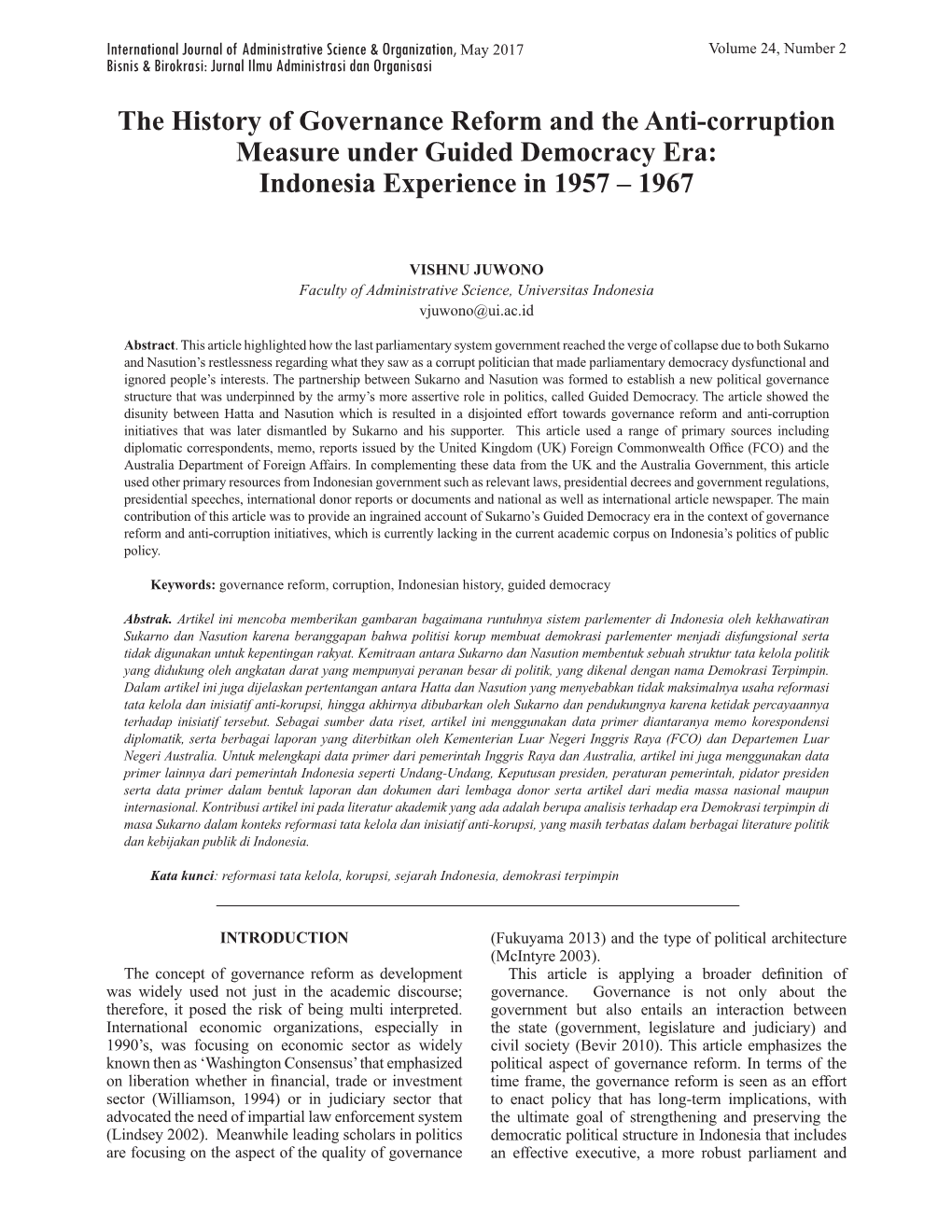 The History of Governance Reform and the Anti-Corruption Measure Under Guided Democracy Era: Indonesia Experience in 1957 – 1967