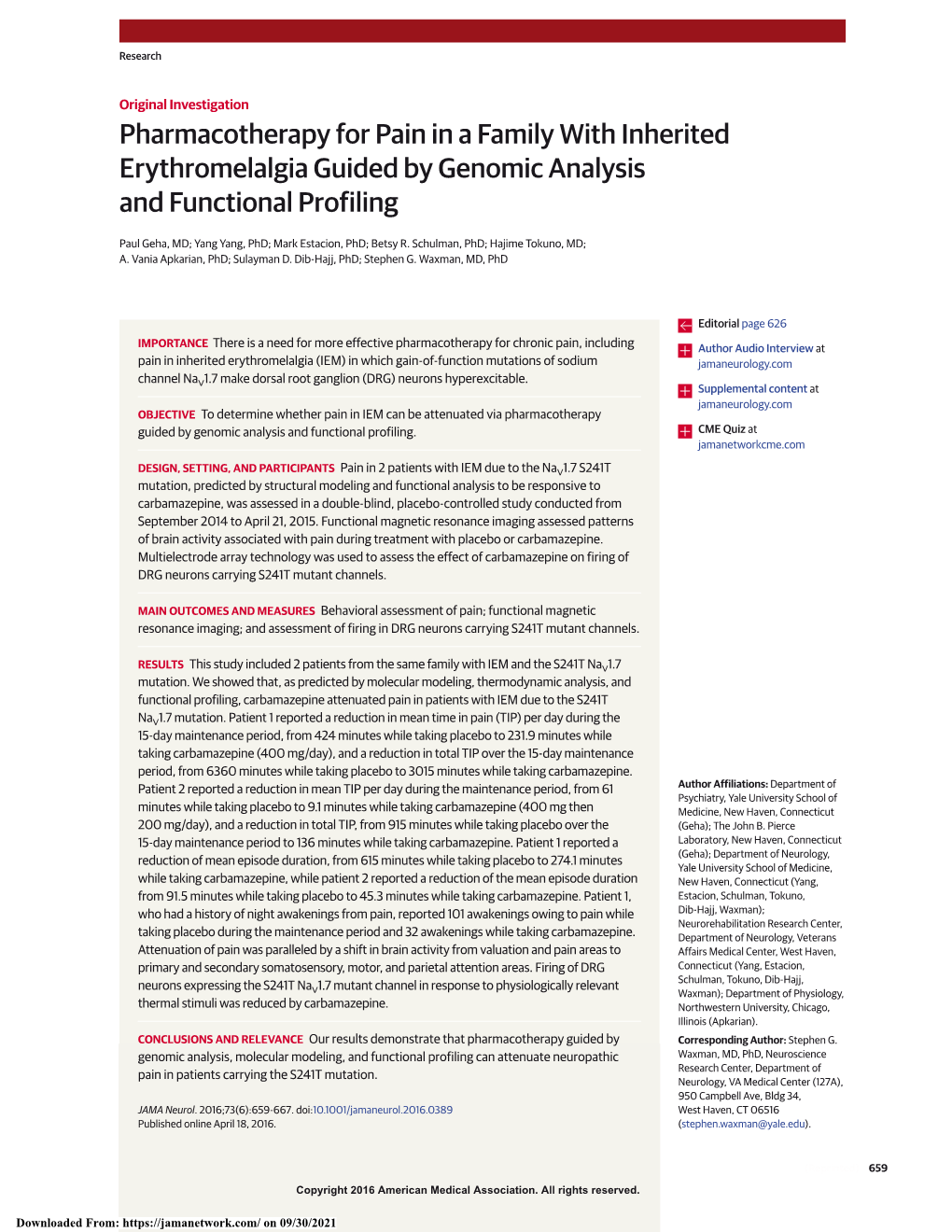 Pharmacotherapy for Pain in a Family with Inherited Erythromelalgia Guided by Genomic Analysis and Functional Profiling