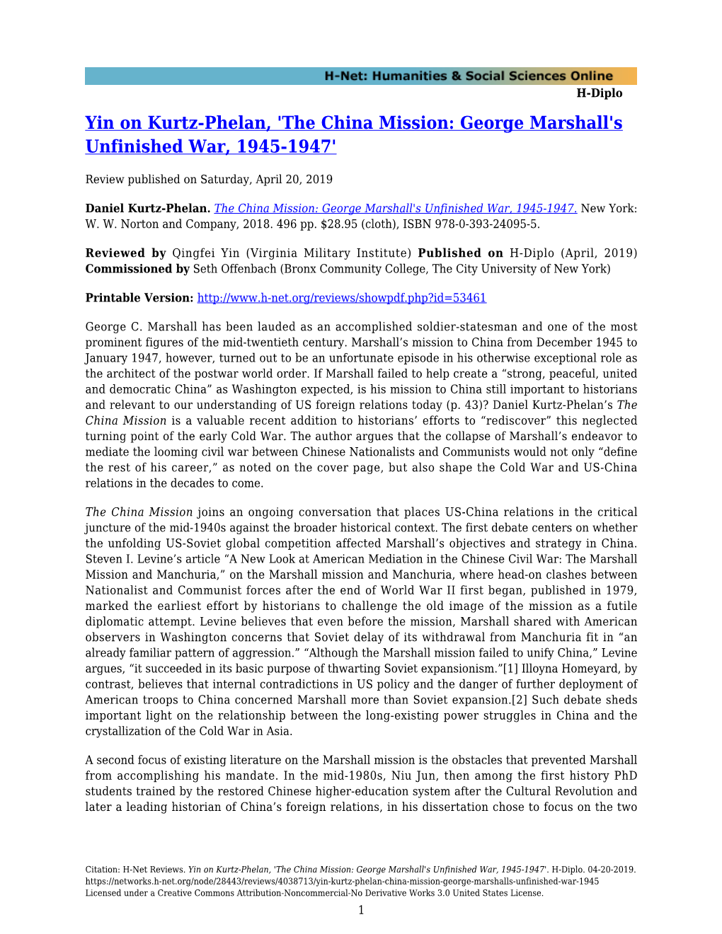 Yin on Kurtz-Phelan, 'The China Mission: George Marshall's Unfinished War, 1945-1947'