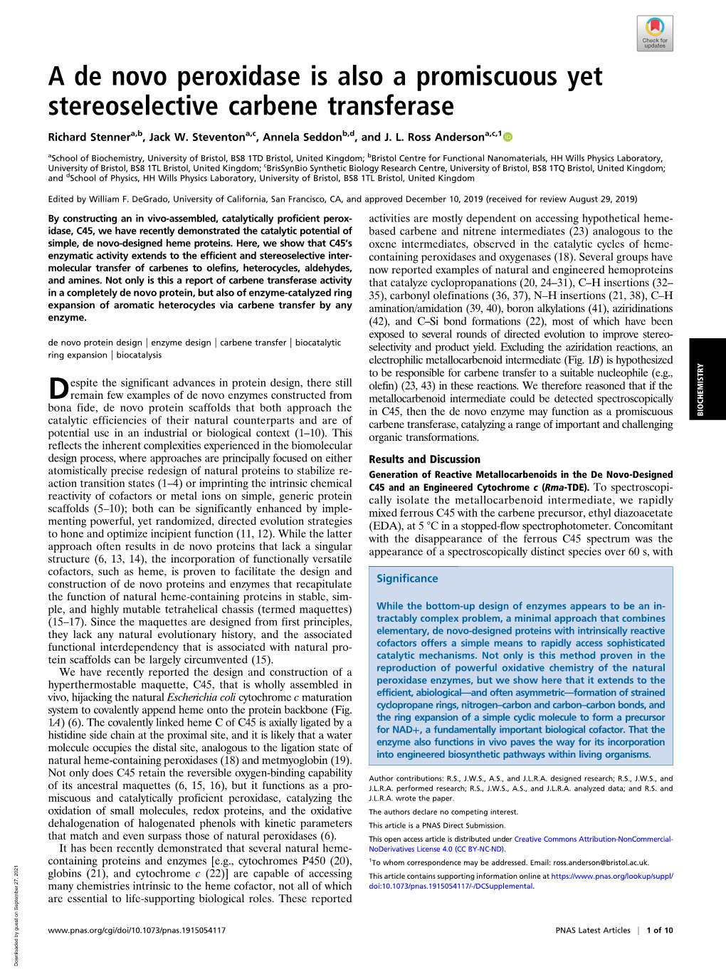 A De Novo Peroxidase Is Also a Promiscuous Yet Stereoselective Carbene Transferase