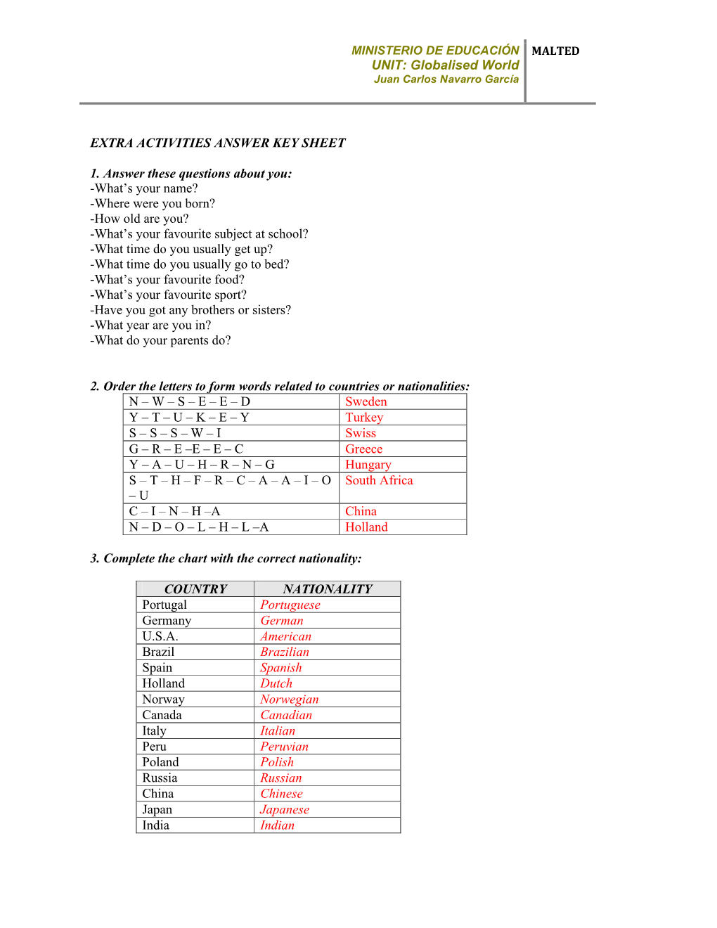 Globalised World EXTRA ACTIVITIES ANSWER KEY SHEET 1. Answer