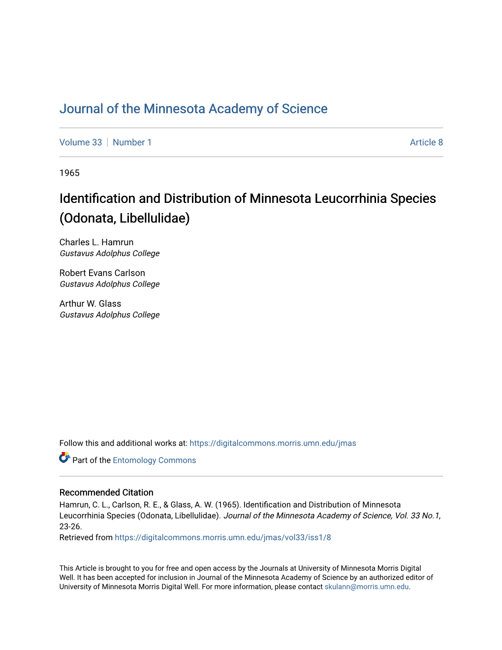 Identification and Distribution of Minnesota Leucorrhinia Species (Odonata, Libellulidae)