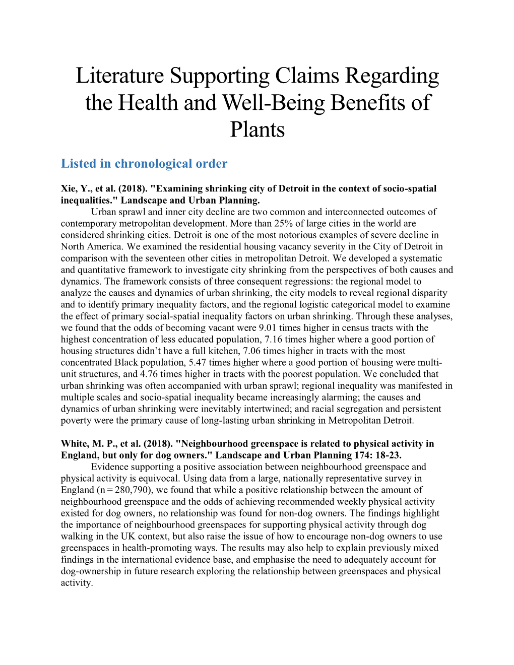 Literature Supporting Claims Regarding the Health and Well-Being Benefits of Plants