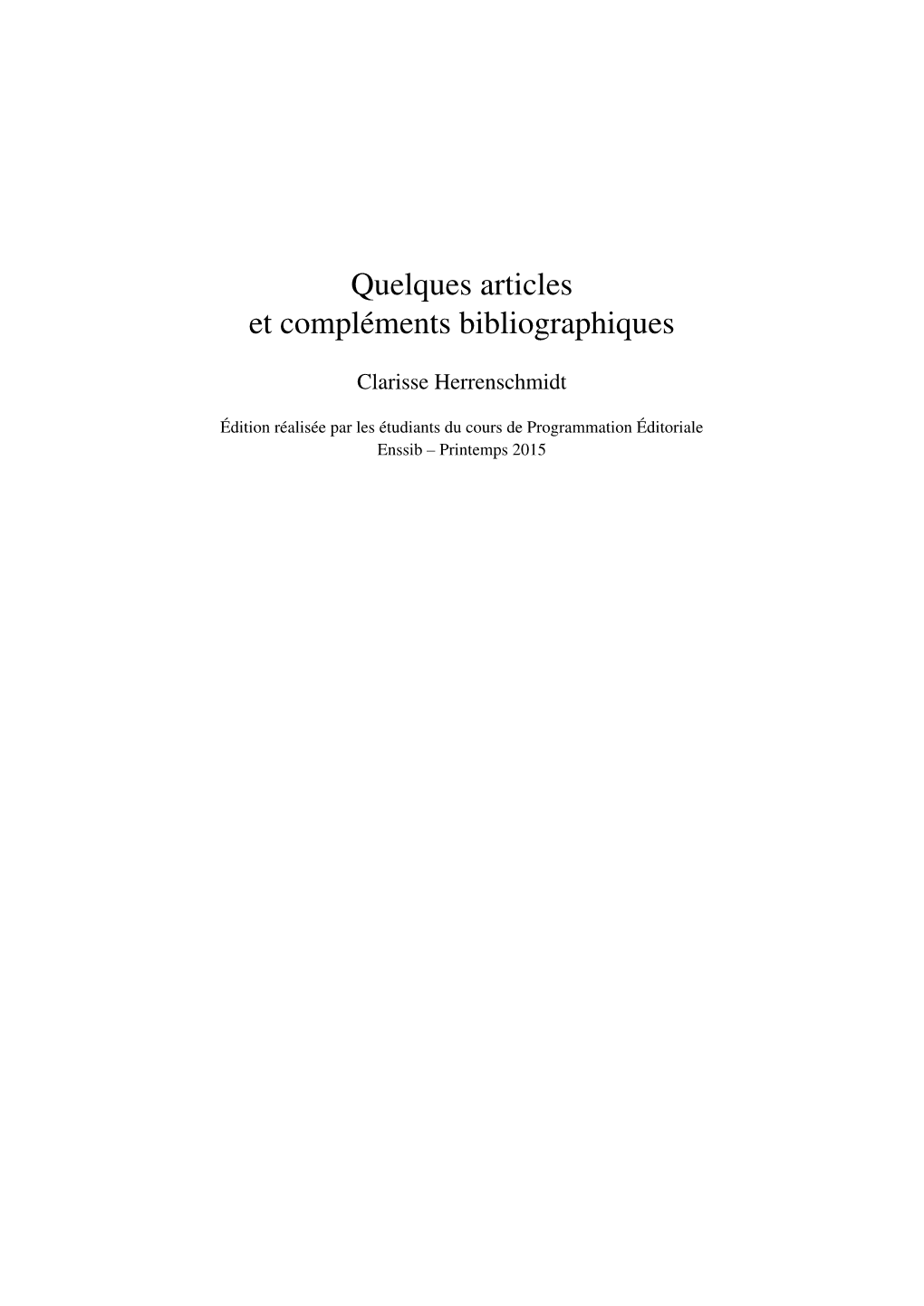 Quelques Articles Et Compléments Bibliographiques