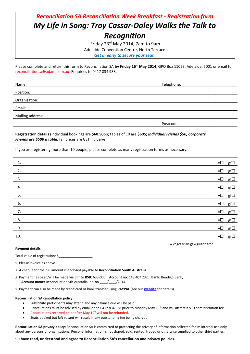 Reconciliation SA Reconciliation Week Breakfast - Registration Form