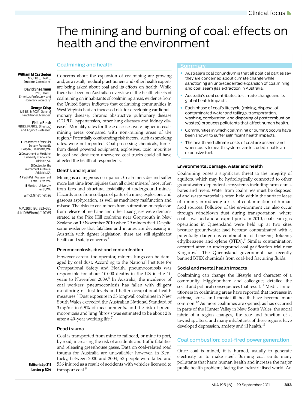 The Mining and Burning of Coal: Effects on Health and the Environment