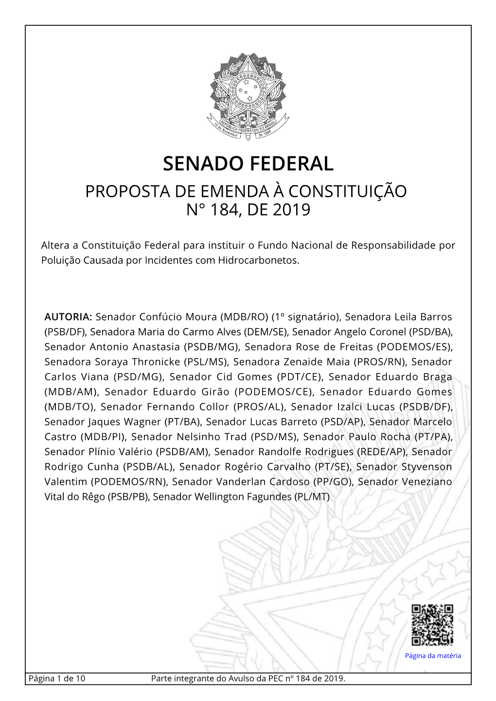 Senado Federal Proposta De Emenda À Constituição N° 184, De 2019