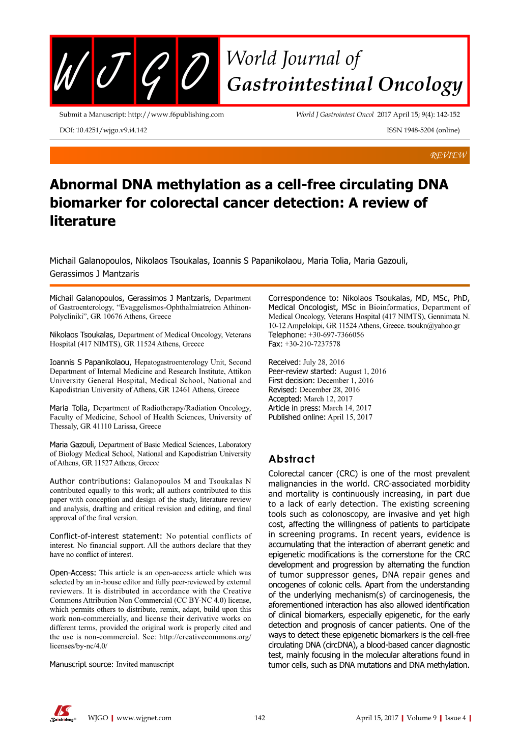Abnormal DNA Methylation As a Cell-Free Circulating DNA Biomarker for Colorectal Cancer Detection: a Review of Literature