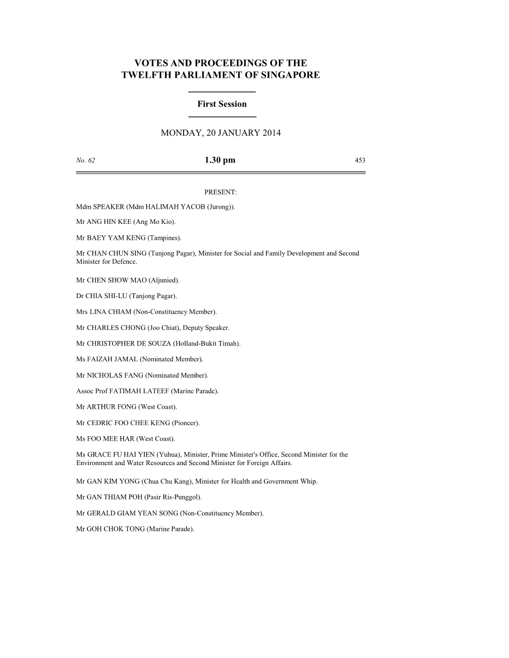 Votes and Proceedings of the Twelfth Parliament of Singapore