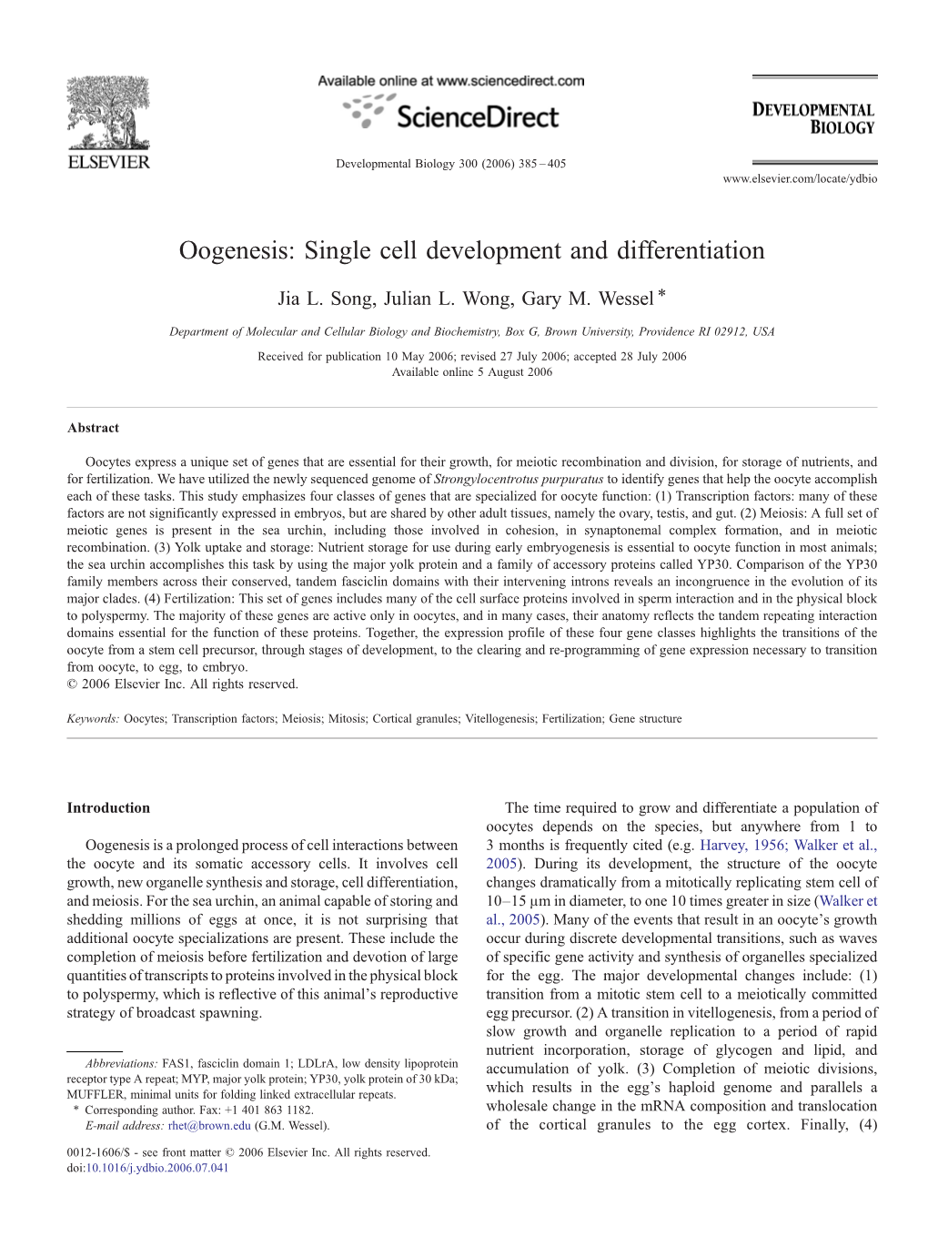 Oogenesis: Single Cell Development and Differentiation ⁎ Jia L