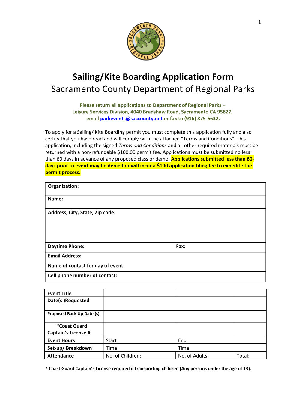 Sailing/Kite Boarding Application Form