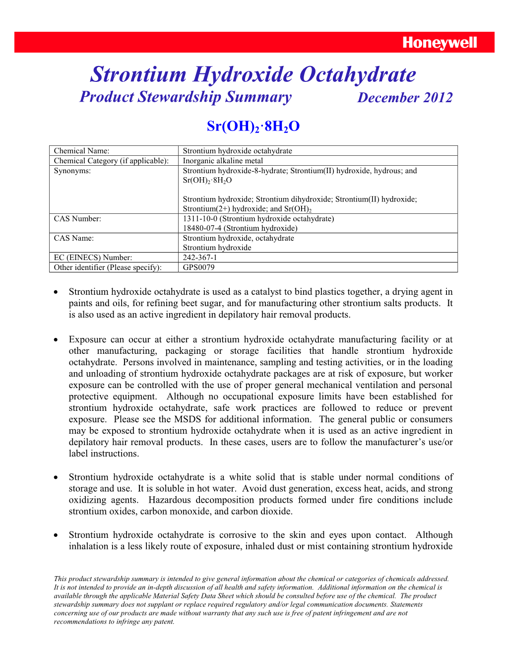 Strontium Hydroxide Octahydrate Product Stewardship Summary December 2012