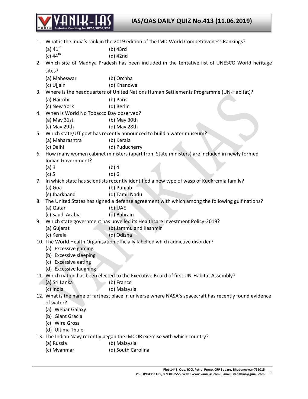 IAS/OAS DAILY QUIZ No.413 (11.06.2019)