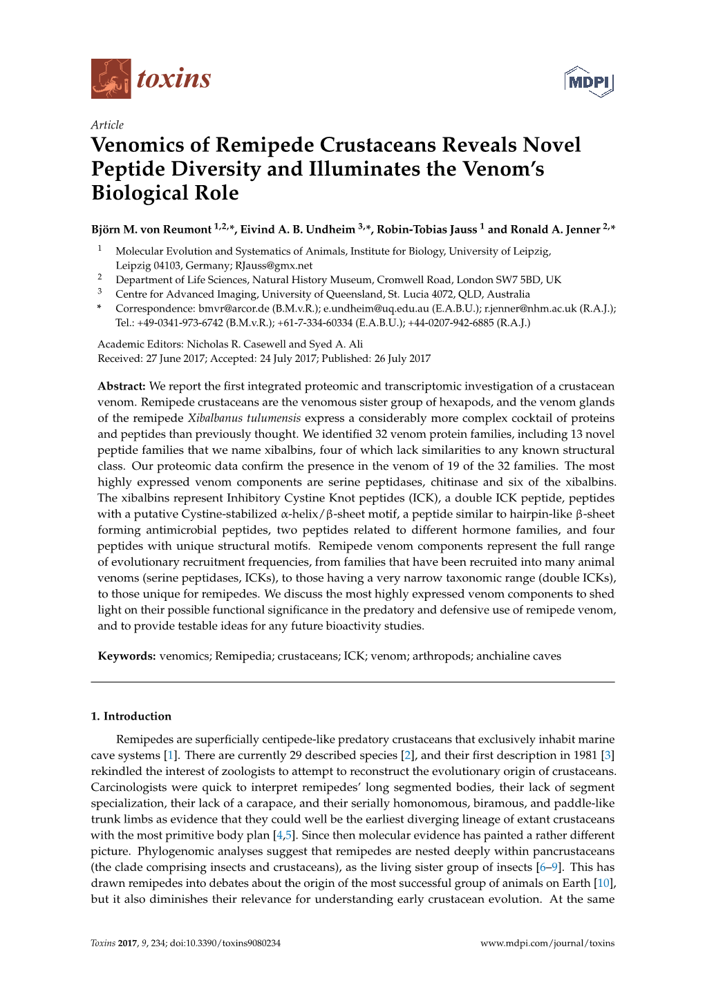 Venomics of Remipede Crustaceans Reveals Novel Peptide Diversity and Illuminates the Venom’S Biological Role