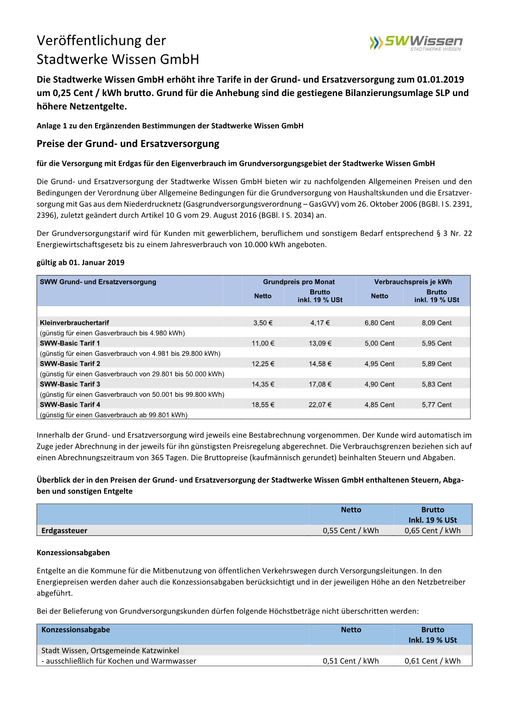 Preisblatt Zur Grund- Und Ersatzversorgung Ab 01.01.2019