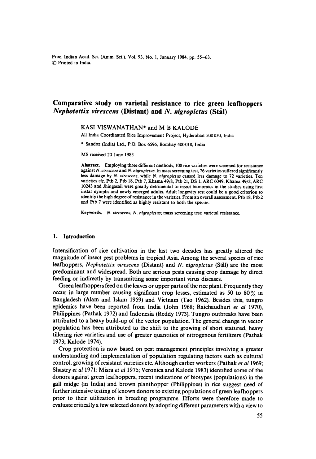 Comparative Study on Varietal Resistance to Rice Green Leafhoppers Nephotettix Virescens (Distant) and N