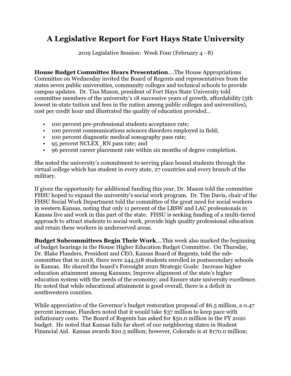 A Legislative Report for Fort Hays State University