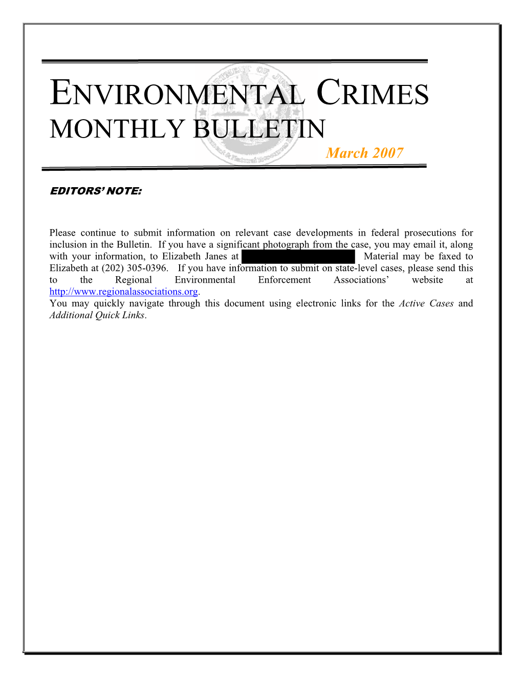 Environmental Crimes Montly Bulletin March 2007