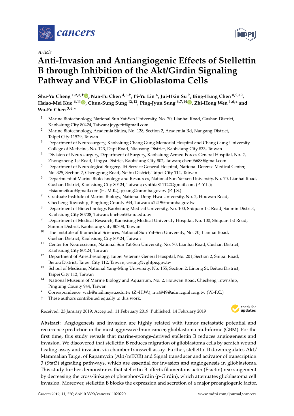 Anti-Invasion and Antiangiogenic Effects of Stellettin B Through Inhibition of the Akt/Girdin Signaling Pathway and VEGF in Glioblastoma Cells