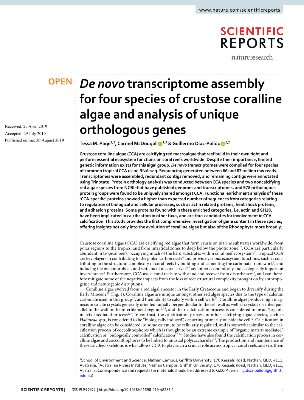 De Novo Transcriptome Assembly for Four Species of Crustose Coralline