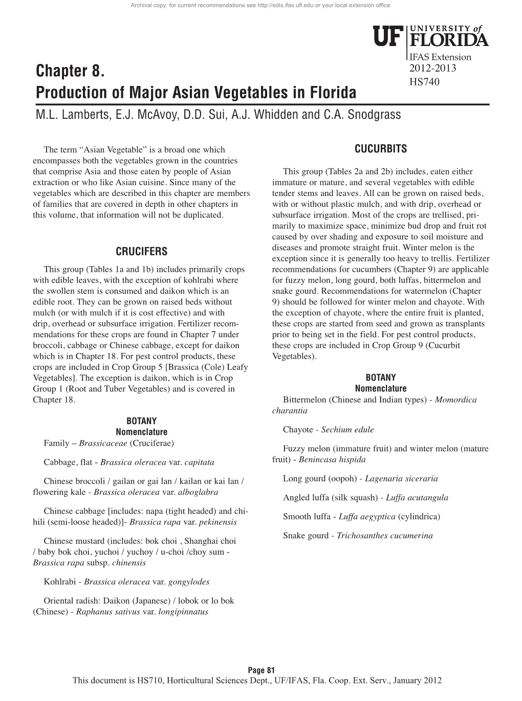 Chapter 8. Production of Major Asian Vegetables in Florida